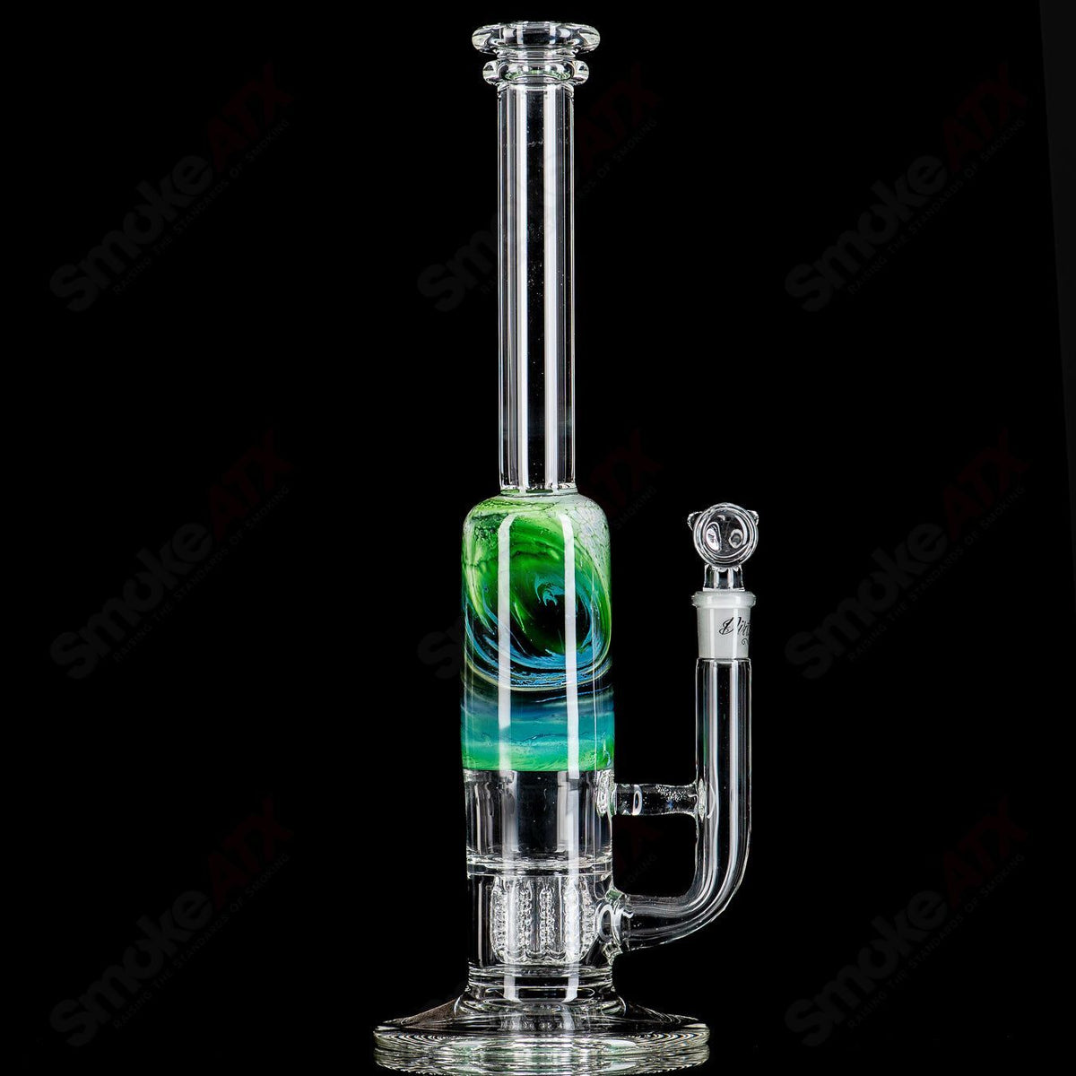 14-inch green, white, and blue fade Apolocoline straight glass tube with 14mm bowl by Dirty Rico Glass x Nobody Glass.