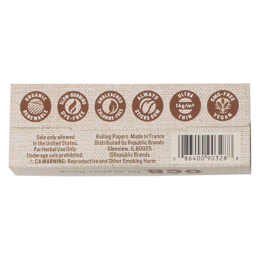 Organic hemp rolling papers and tips set by OCB, featuring 1 1/4 size for rolling cannabis or herbs.