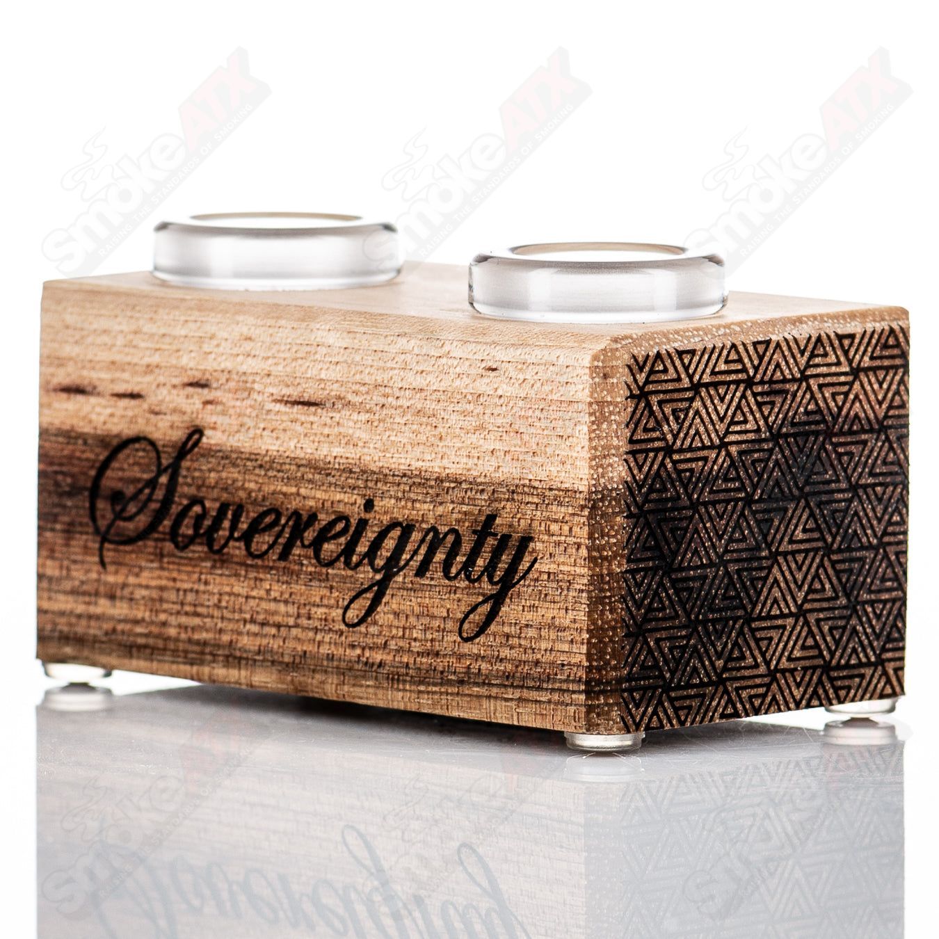 Sovereignty Glass Hickory 2-Hole Slide Stand Pattern #3, clear glass with intricate design, designed for use in glassware or display.