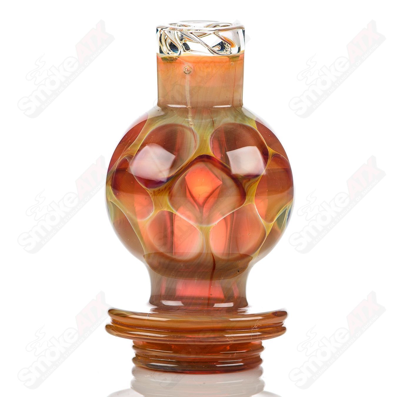 Glass Carpenter honeycomb spinner cap, a clear glass accessory with a honeycomb design, used for decorative or functional purposes.