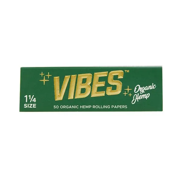 Organic hemp rolling papers by Vibes, 1 1/4 size, natural 420 product for rolling herbs or tobacco, high-quality and eco-friendly.