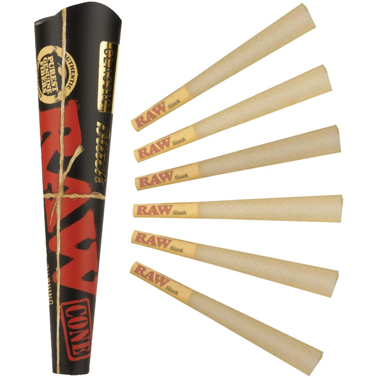 Six RAW black 1 1/4 scoop pack cones for rolling, made from raw paper, perfect for cannabis and herbal rolling.