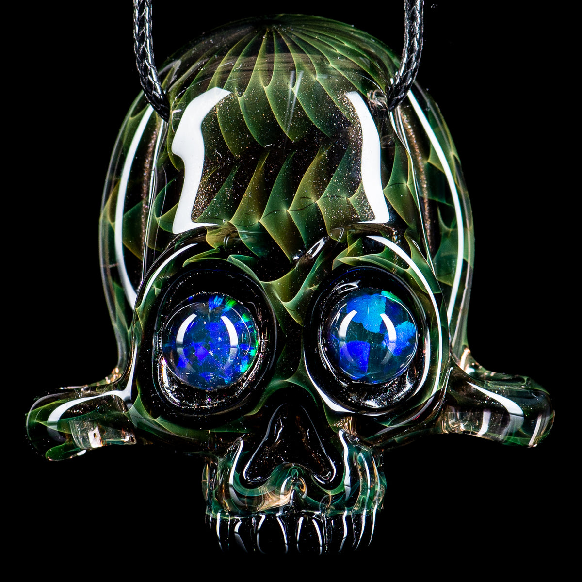 Akm Heady Glass pendant with signed 2015 design, featuring intricate glasswork and colorful details, hanging on a chain.