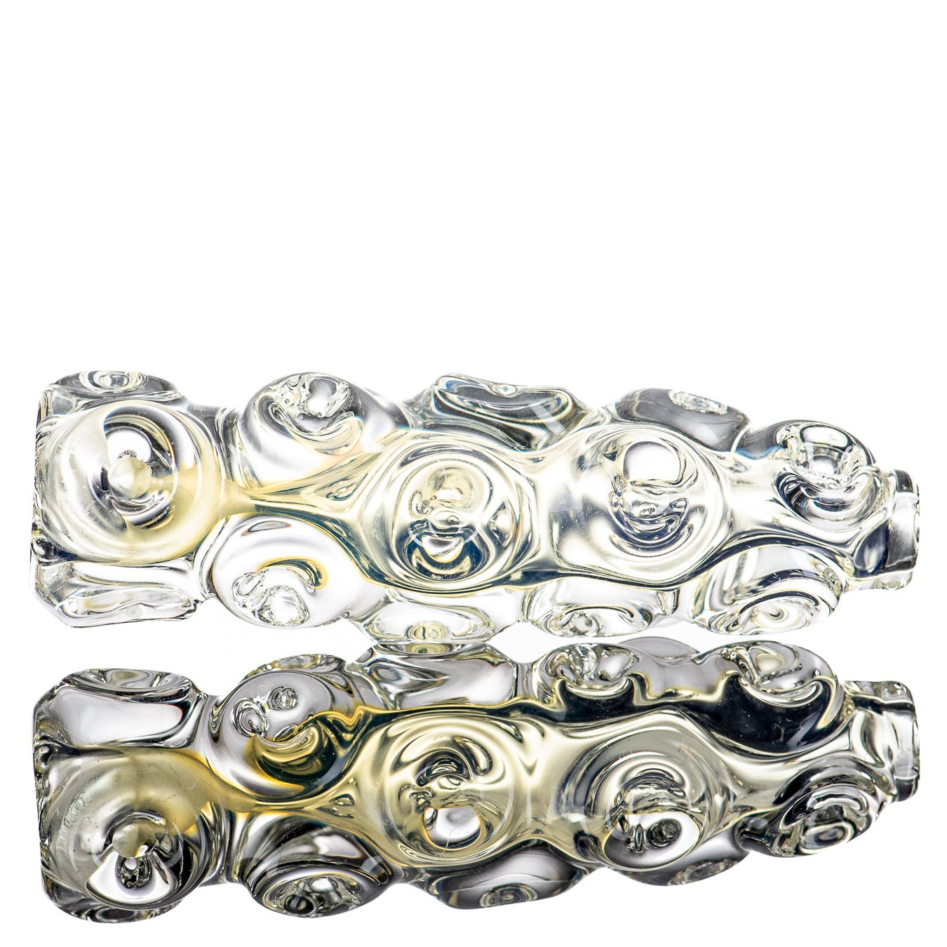 Ice Chillum by JMK Glass, clear glass chillum pipe with ice-cube design for smooth smoking experience.