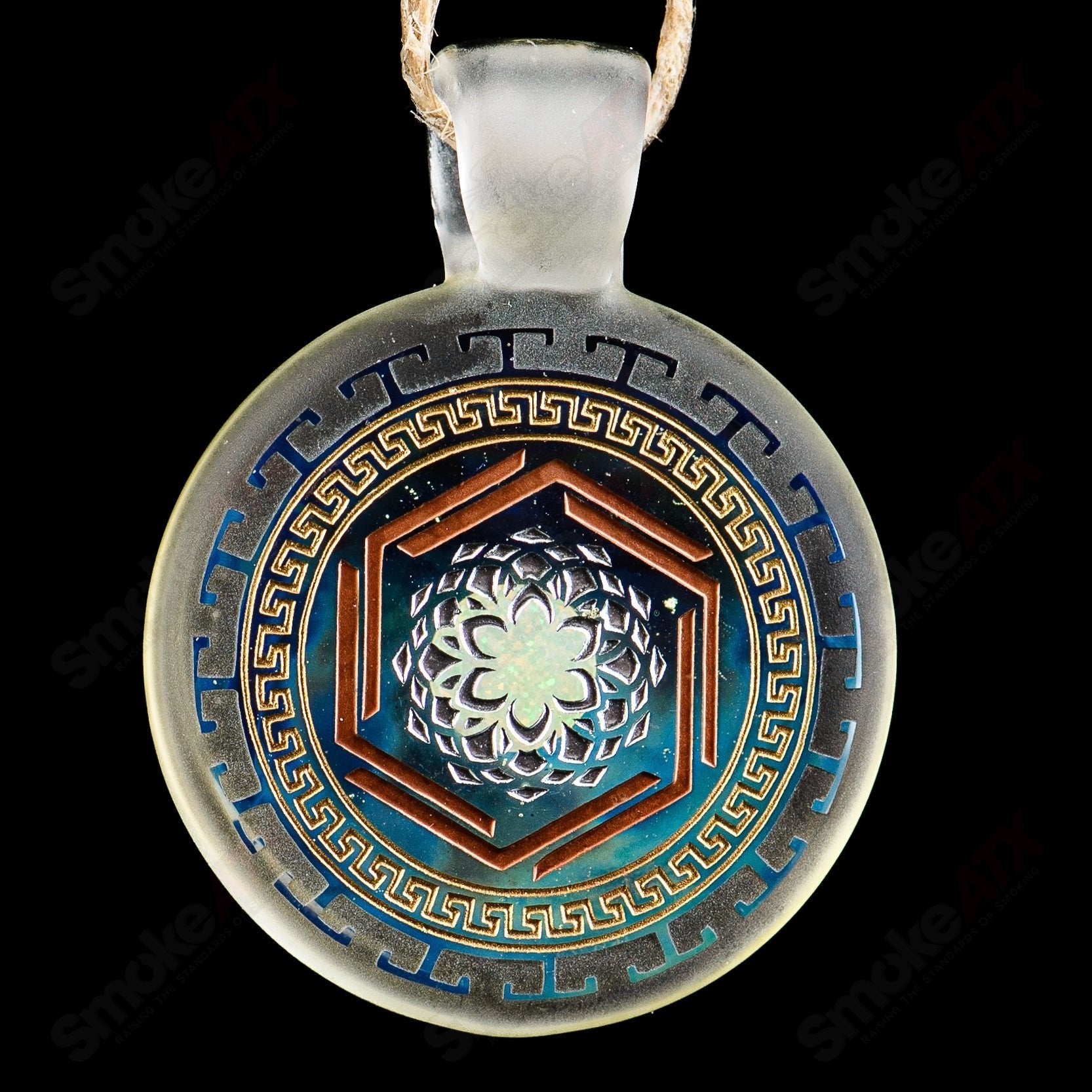 Alkaline Glass #1 Complex Inlay Pendant featuring intricate glass inlay design on a pendant necklace.