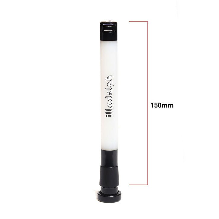 Illadelph Encalmo downstem made of heady glass, featuring a colorful, artistic design with clear glass sections and intricate details
