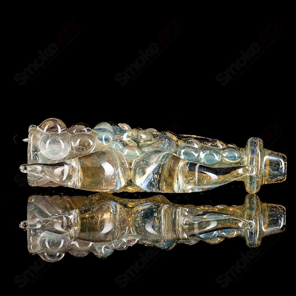 Fumed JMK Glass Shapely Chillum pipe with intricate glasswork, designed for smooth smoking experience.