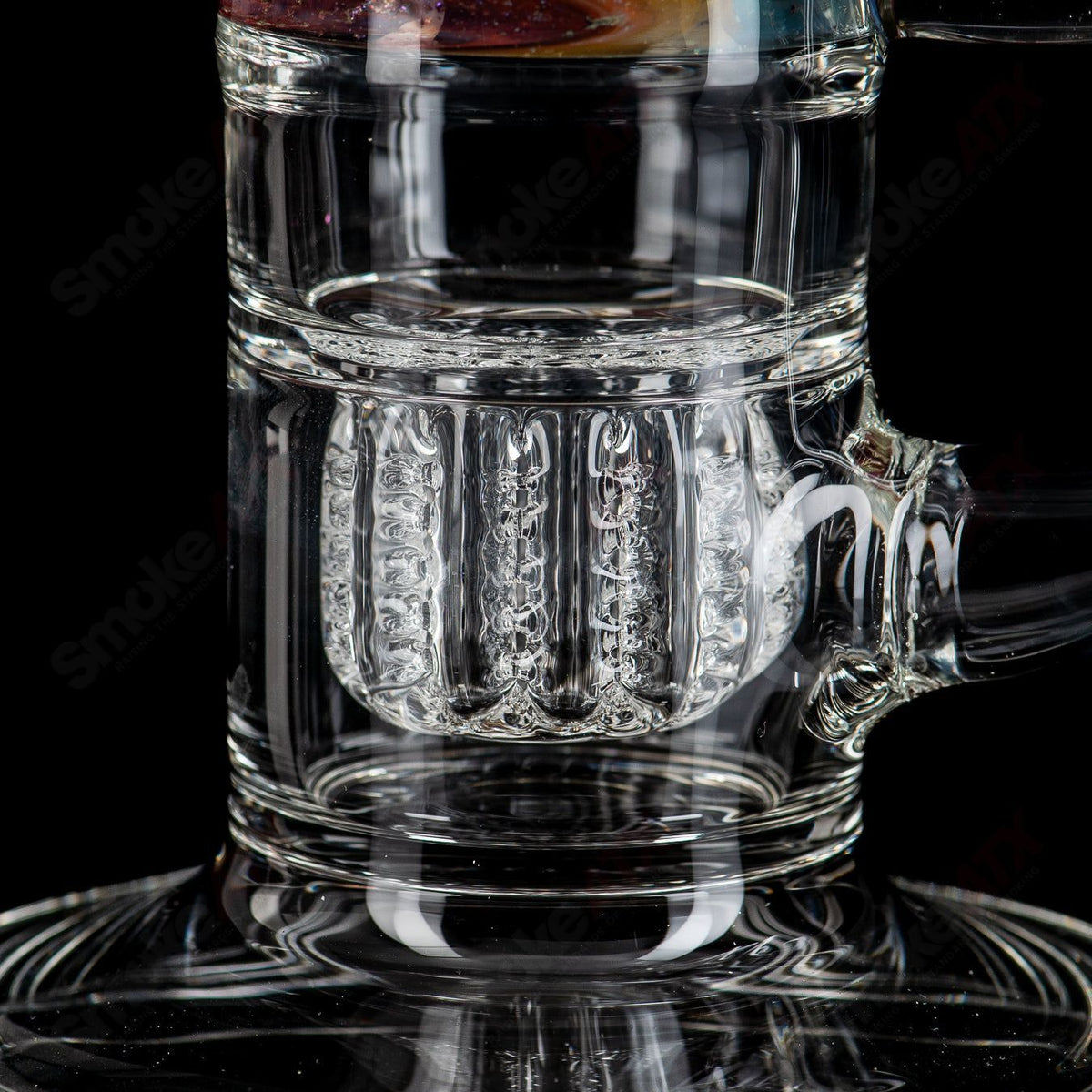 12.5-inch purple, blue, and white Apolocoline straight glass tube with 14mm bowl by Dirty Rico, featuring a clean, straight design.