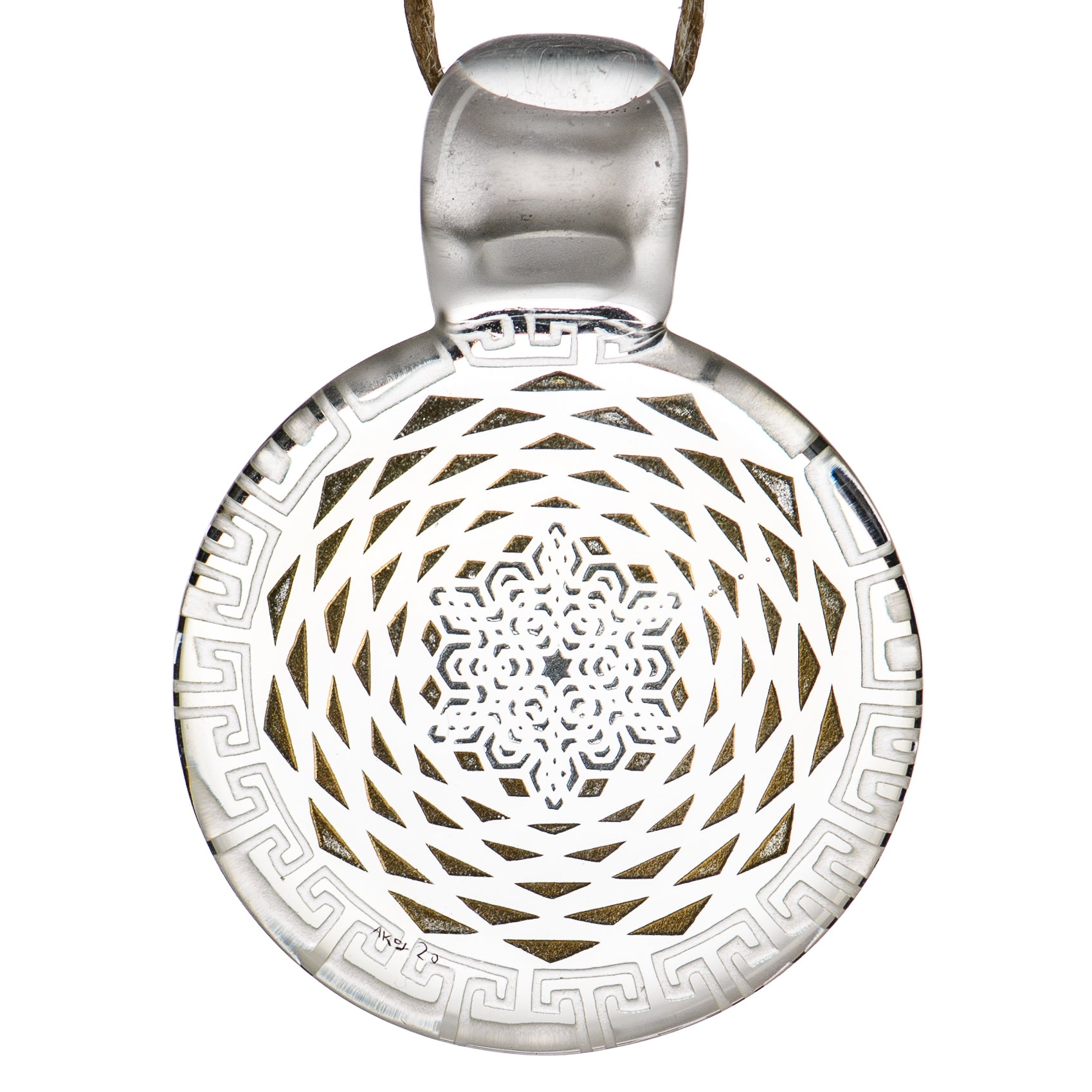 Alkaline Glass #3 Complex Inlay Pendant featuring intricate glass inlay design, hanging from a thin chain.