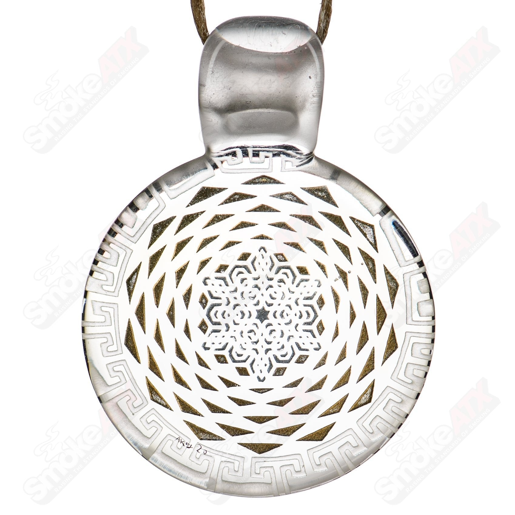 Alkaline Glass #3 Complex Inlay Pendant featuring intricate glass inlay design, hanging from a thin chain.