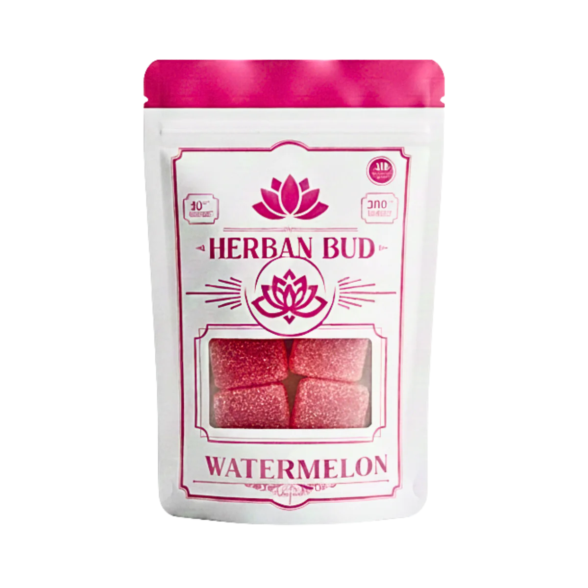 10-count Herban Bud Watermelon D9 THC Gummies, hemp edibles with 30mg per piece, featuring colorful watermelon flavor and packaging.