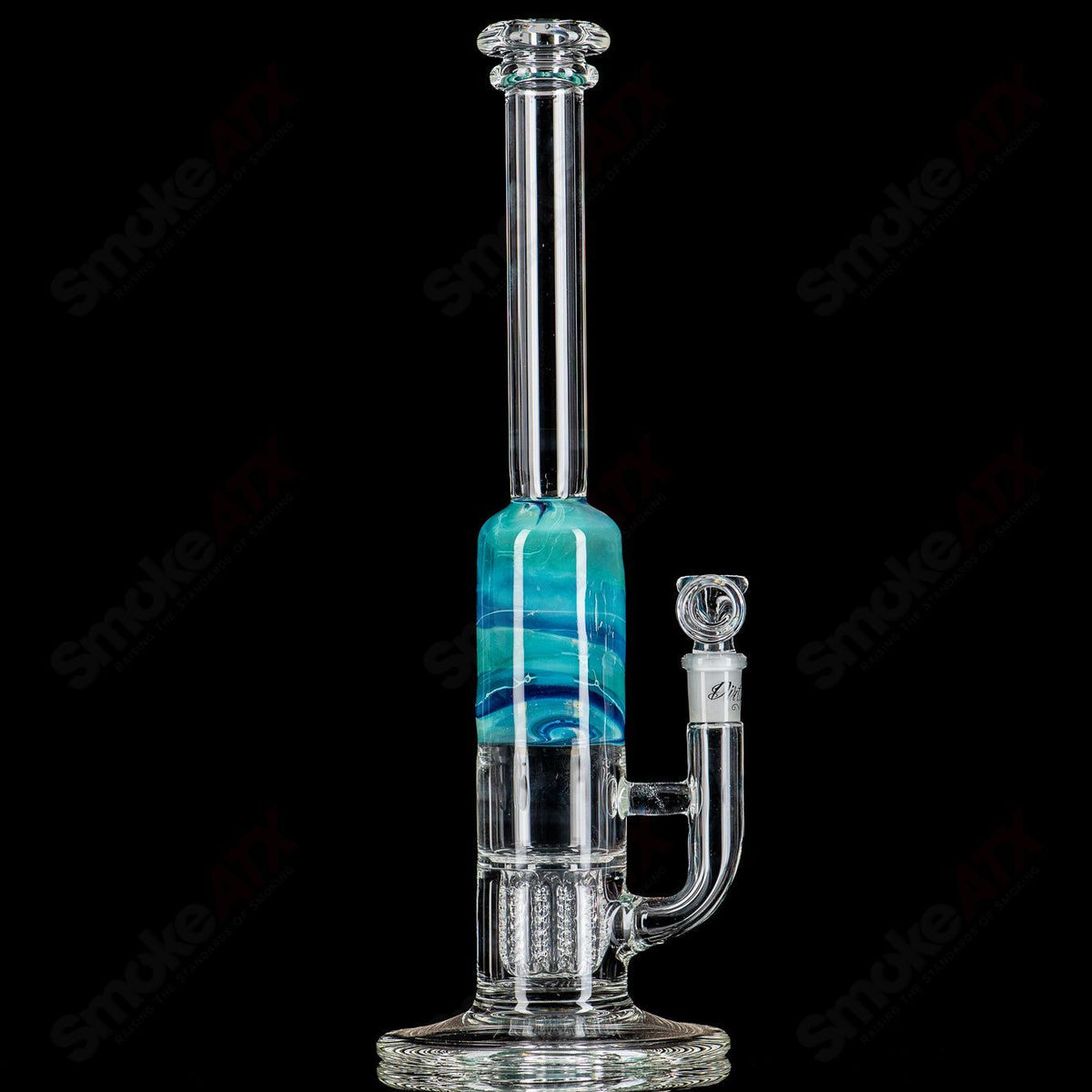 14-inch turquoise and blue fade Apolocoline straight glass tube with 14mm bowl by Dirty Rico Glass x Nobody Glass