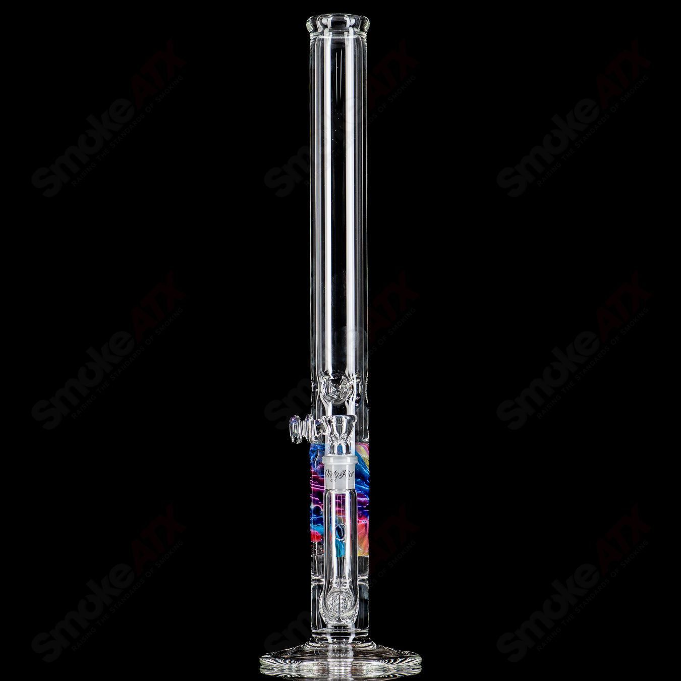 20-inch rainbow fade Apolocoline straight glass tube with 14mm bowl by Dirty Rico Glass, featuring vibrant colors and clear craftsmanship.