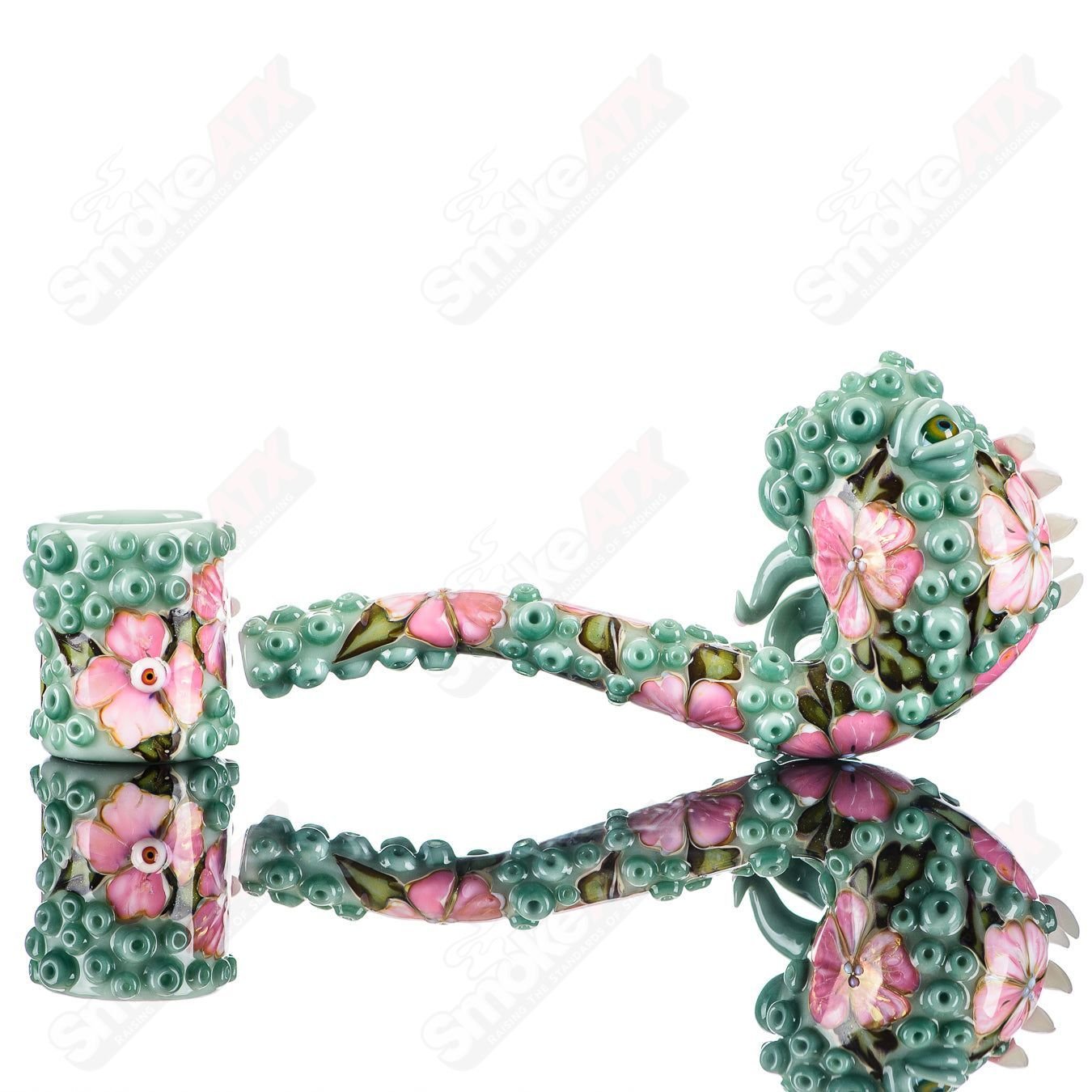 Salt Glass Jade Flower Tentacle Sherlock hand pipe and shot glass set featuring intricate jade and tentacle designs.