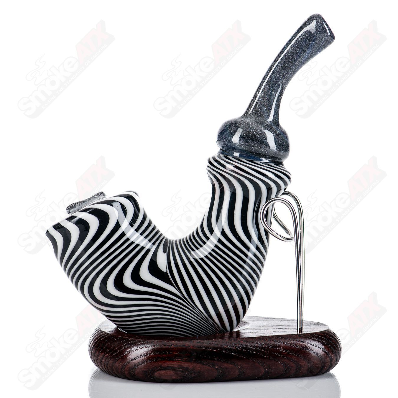JMass Jailbird Errlock Sherlock Rig, a clear heady glass concentrate rig with intricate design and a Sherlock-style mouthpiece.