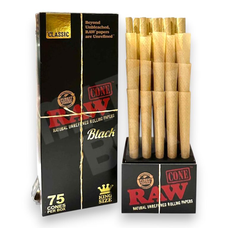 Pack of 75 RAW King Size Black Backrolled Classic Cones for rolling cigarettes or herbs, featuring natural RAW rolling paper.