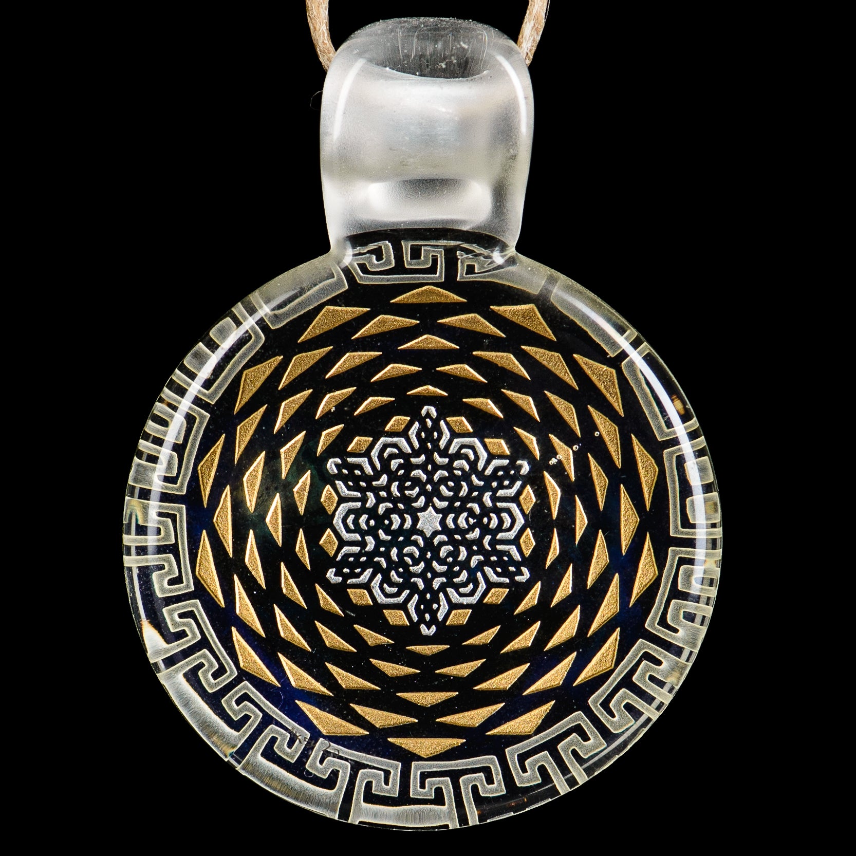 Alkaline Glass #3 Complex Inlay Pendant featuring intricate glass inlay design, hanging from a silver chain.