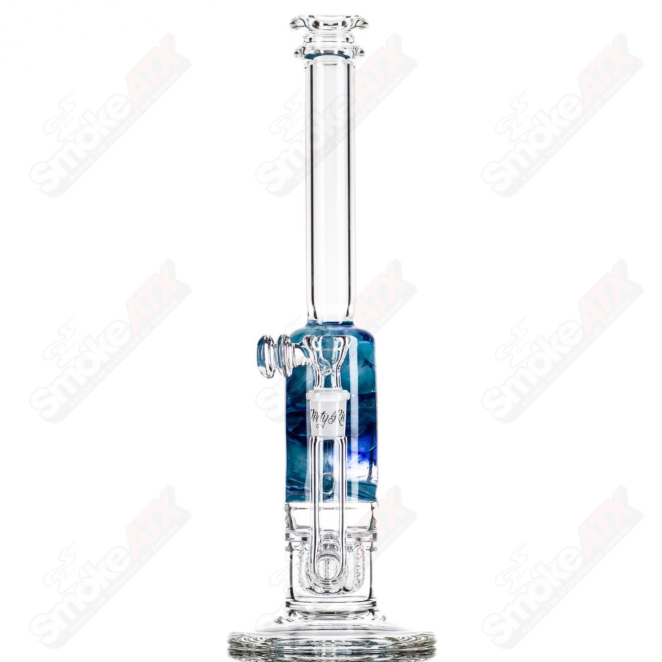 13" Blue/Light Blue Fade Apolocoline Straight Tube w/14m Bowl by Dirty Rico Glass x Nobody Glass - Smoke ATX