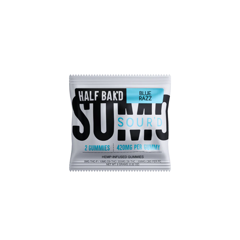 Half Bak'd Blue Razz THC hemp edibles, 420mg Sumo Gummies, two-piece pack with blue raspberry flavor and colorful gummy shapes.