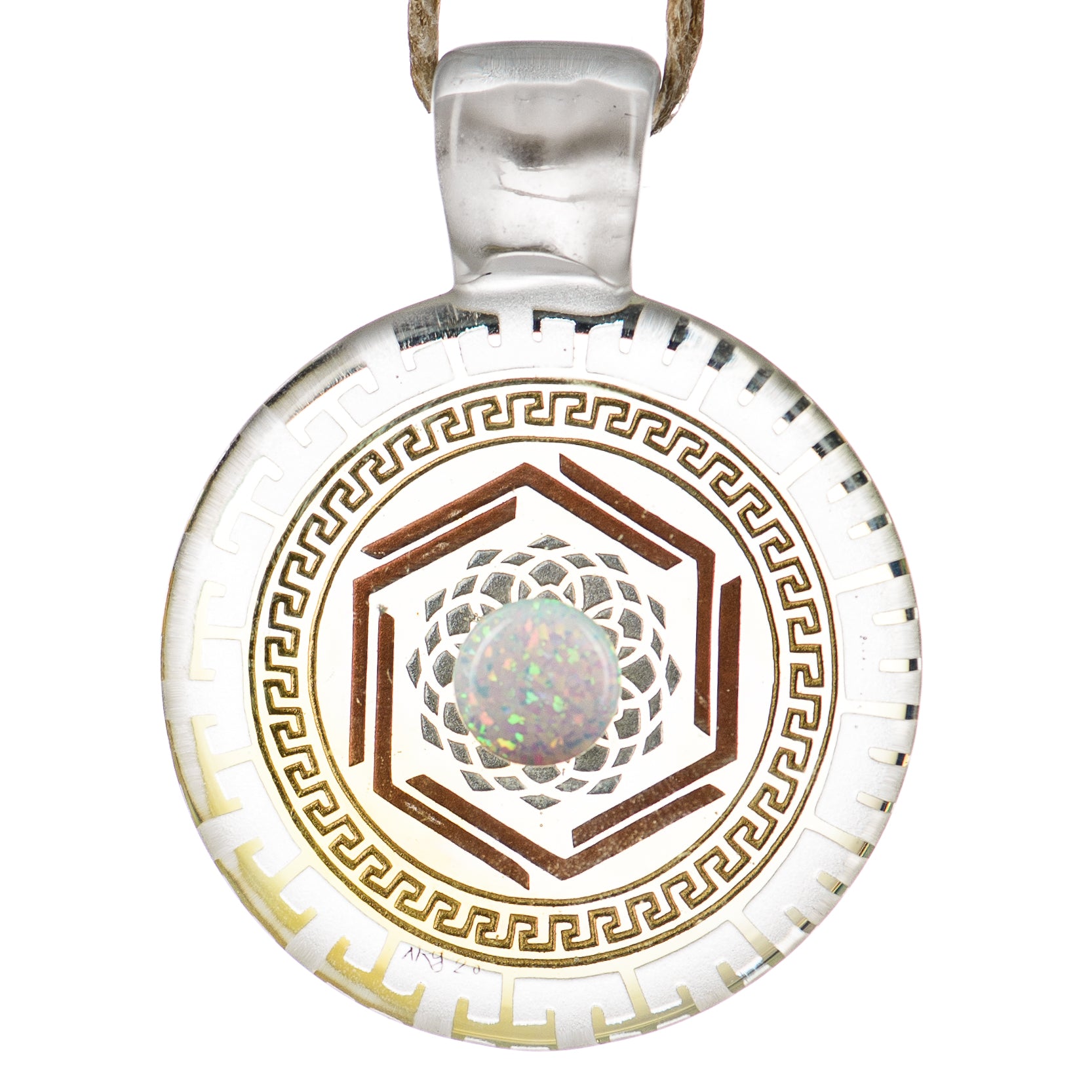Alkaline Glass #1 Complex Inlay Pendant featuring intricate glass inlay design on a pendant necklace.