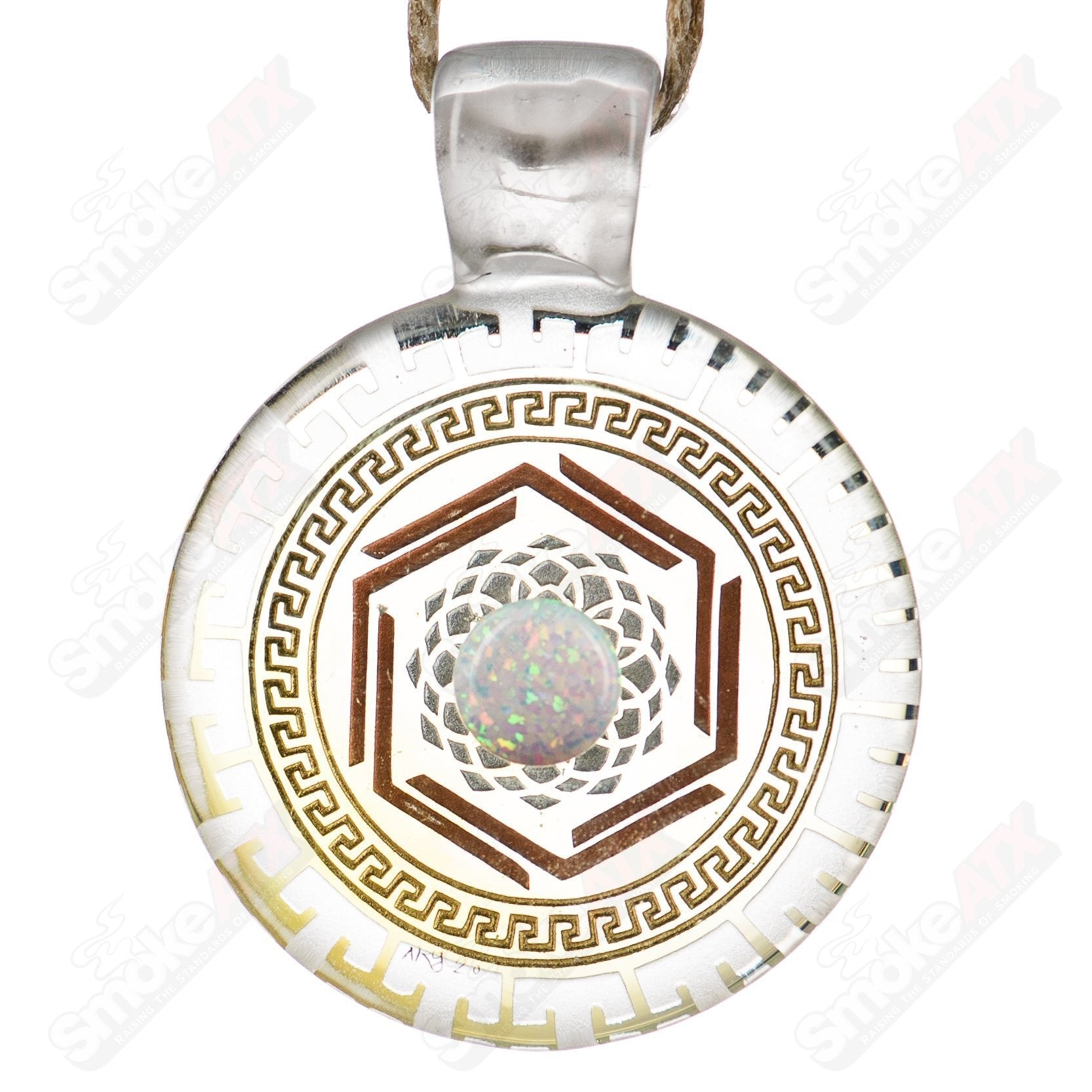 Alkaline Glass #1 Complex Inlay Pendant featuring intricate glass inlay design on a pendant necklace.