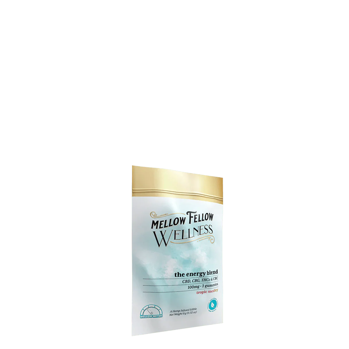 Mellow Fellow Hemp Edibles featuring 100mg energy blend gummies with CBD, CBG, THCv, and CBC for wellness and relaxation.