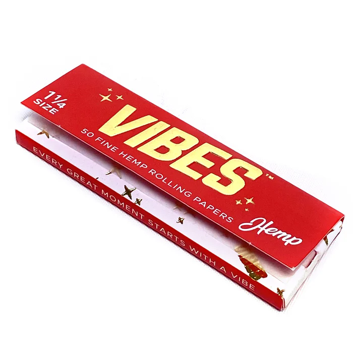 Vibes 1 1/4 hemp rolling papers for smoking, featuring natural hemp material and classic thin design.