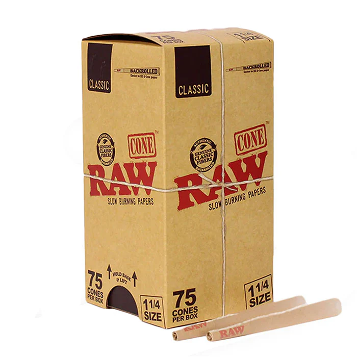 A box of 75 RAW 1 1/4 backrolled classic rolling cones for rolling cigarettes or herbal blends.