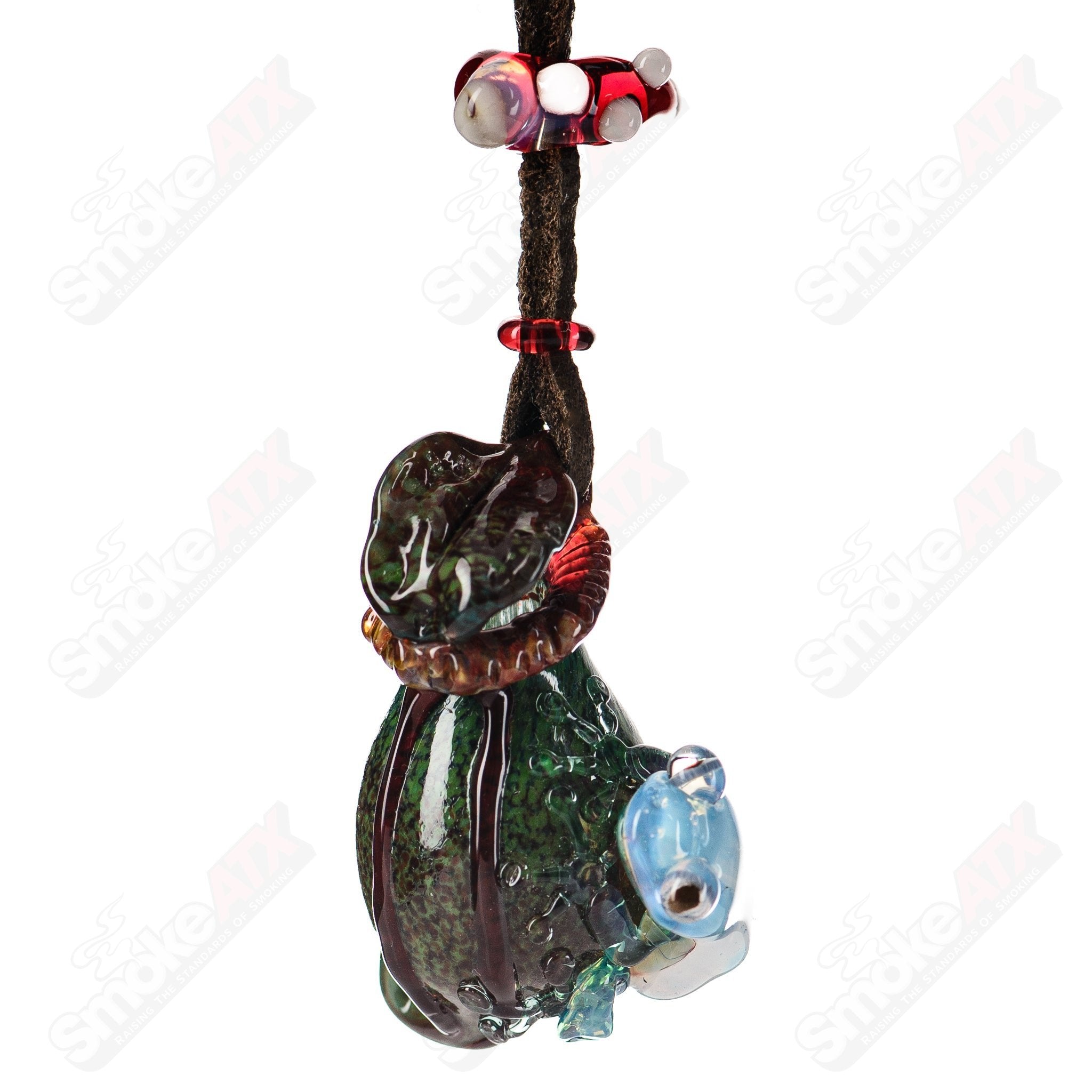 Kengtaro Heady Glass pendant featuring a two-tier, three-frog design with vibrant glass details.