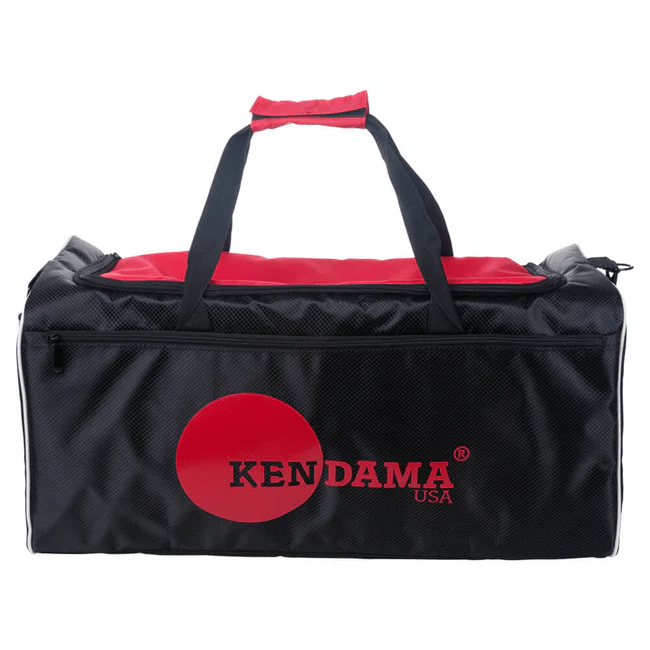 Kendama USA duffel bag in black with logo, featuring sturdy handles and spacious main compartment for carrying sports gear or personal items.