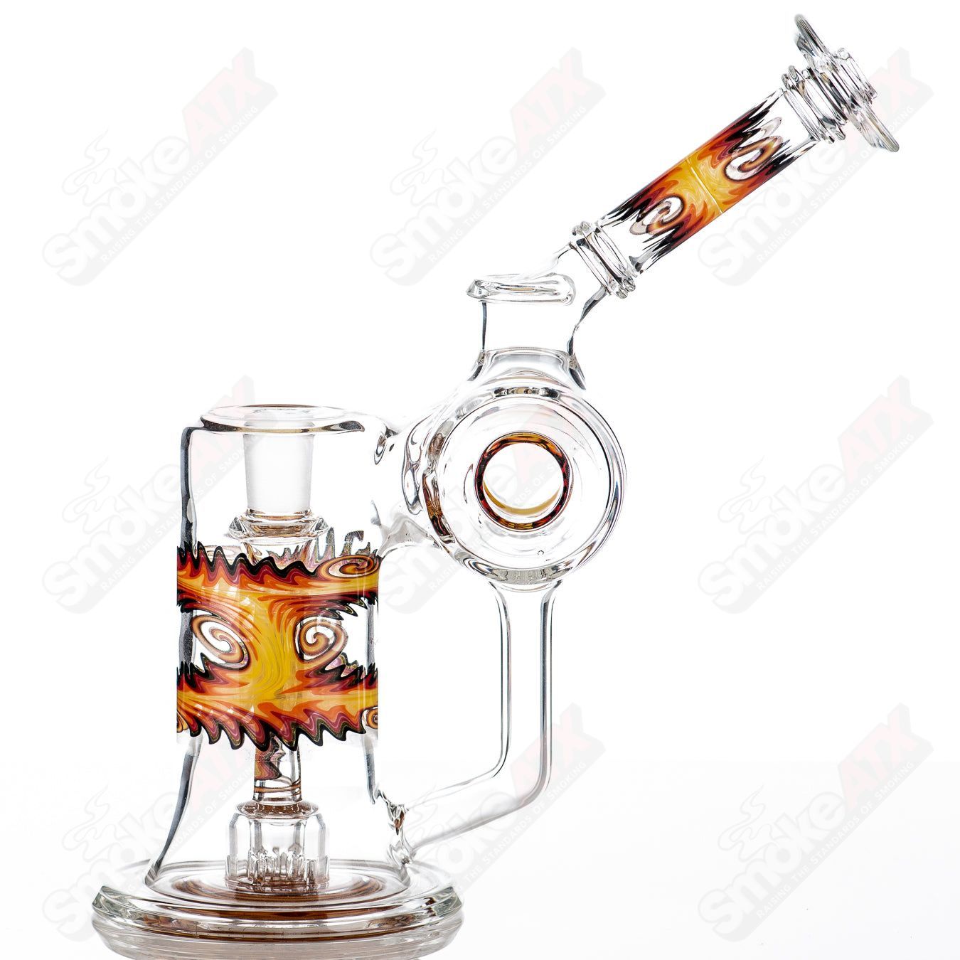Heady glass Dewars Dumper Recycler by The Glass Carpenter featuring intricate designs and vibrant colors.