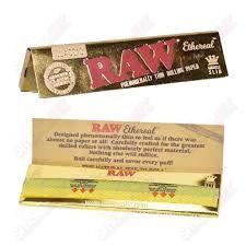 King Size Ethereal Slim RAW rolling papers, thin, natural paper for rolling cigarettes or joints, with RAW branding.