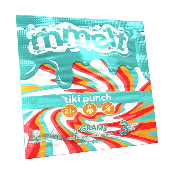 3ct pack of 2g MMelt Tiki Punch Mushroom Gummies with colorful packaging and gummy shapes visible.