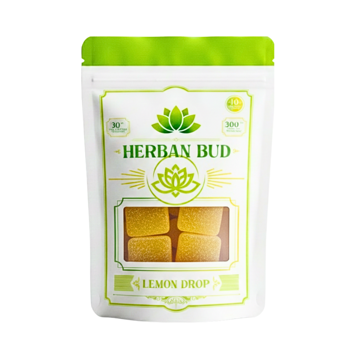 10-count Herban Bud Lemon Drop D9 Gummies in a clear container, showing bright yellow lemon-flavored hemp THC edibles.