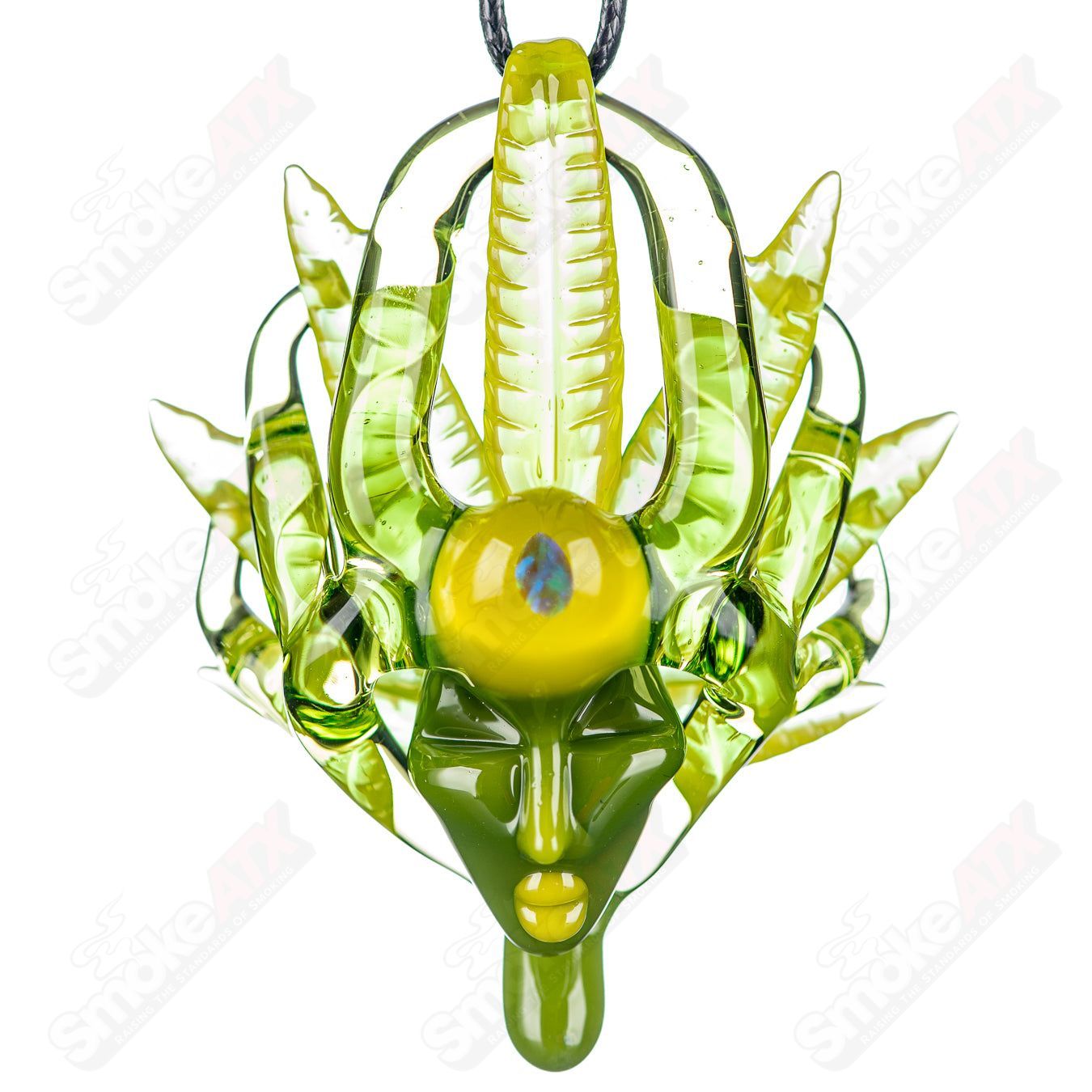 Lace Face Warrior Goddess Pendant from Heady Glass featuring intricate lace and goddess design, hanging on a chain.