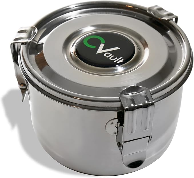 Large CVault metal container for storing herbs and cannabis, featuring airtight seal for freshness and secure storage.