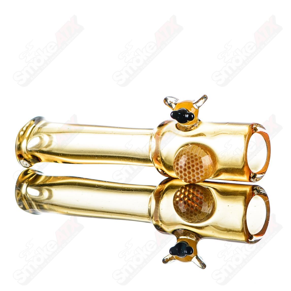 Large Joe P Glass honeycomb and bee joint holder, heady glass chillum with intricate honeycomb and bee design for stylish use.