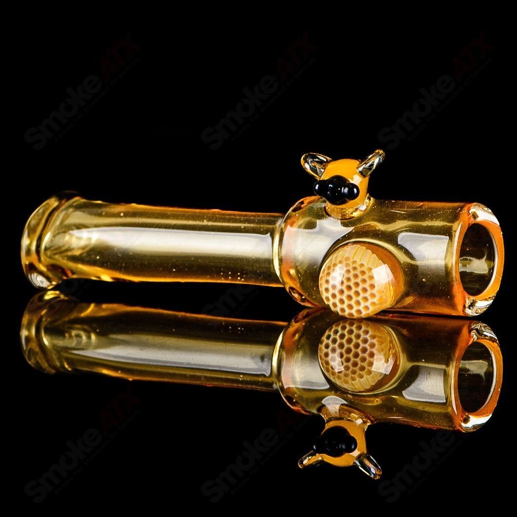 Large honeycomb and bee joint holder by Joe P Glass, a colorful heady glass chillum with detailed honeycomb and bee design.