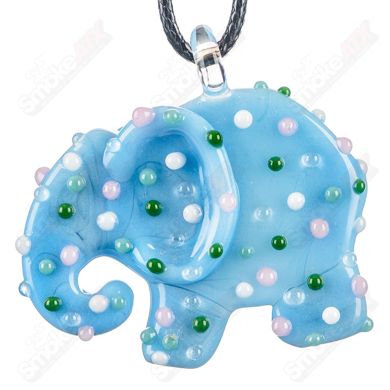 Large Robin Egg Blue Animal Cookie pendant by Renee Patula featuring UV-reactive dots, crafted by Sweet Shop Glass.