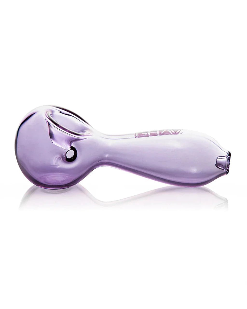 Lavender-colored glass spoon pipe by Grav, large size with a smooth, rounded bowl and clear glass handle for smoking or vaporizing.