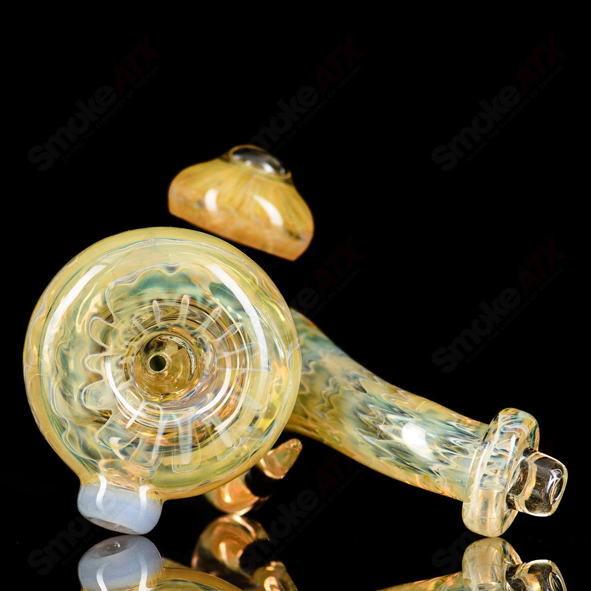 Fumed marble Sherlock glass pipe by JMK Glass featuring a swirling marble design and clear glass construction.