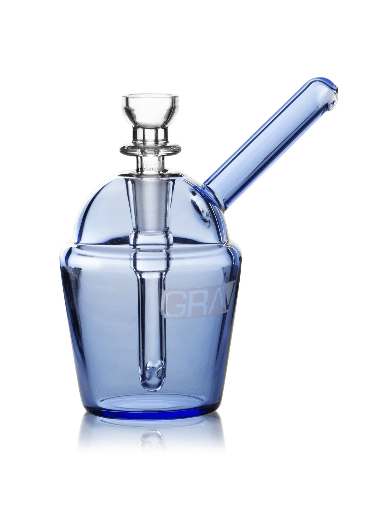 Light cobalt glass pocket slush cup bubbler by Grav with a compact design and clear glass bowl for smooth, flavorful hits.