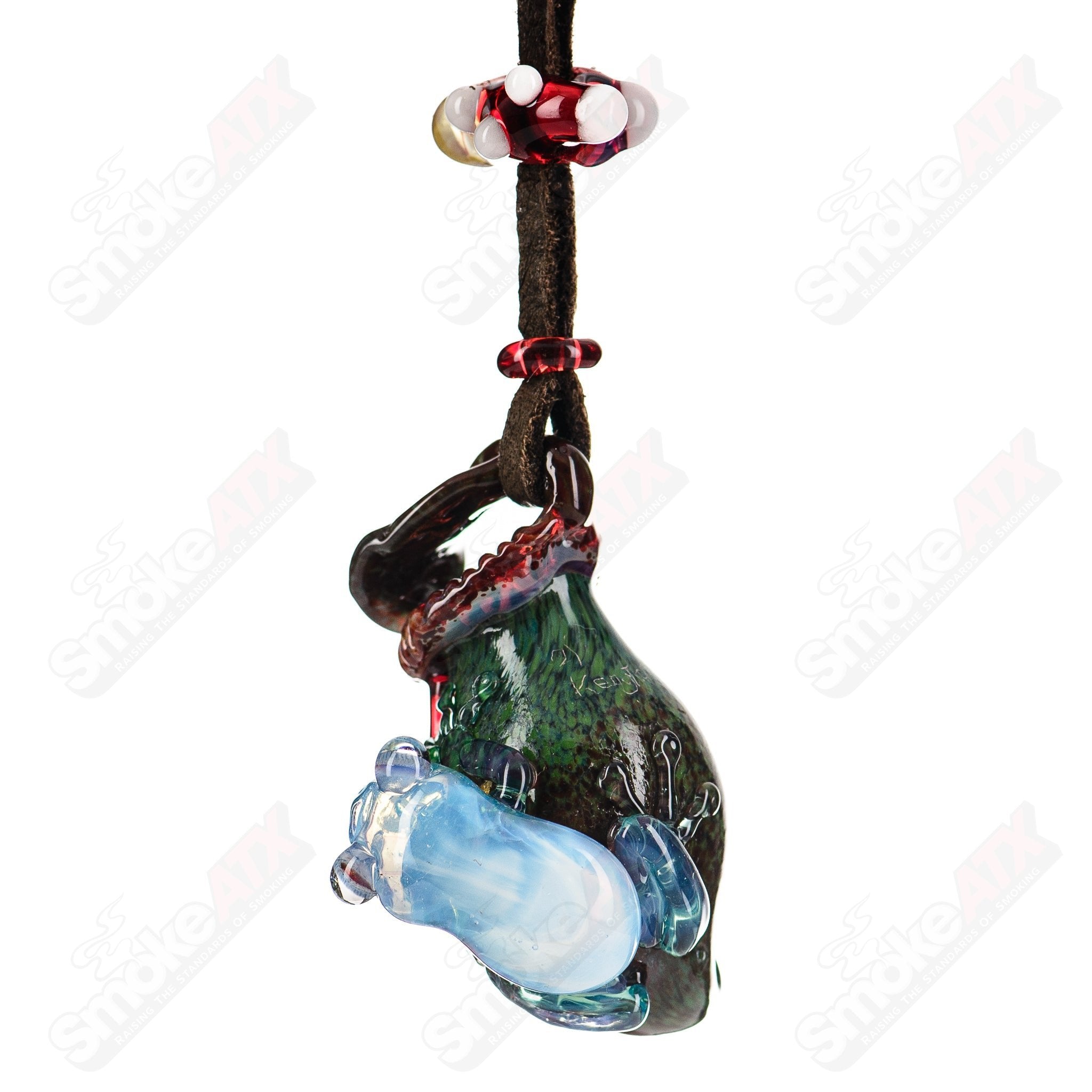 Kengtaro 2-tier 3 frog pendant made of colorful glass, featuring intricate heady glass design with detailed frog motifs.
