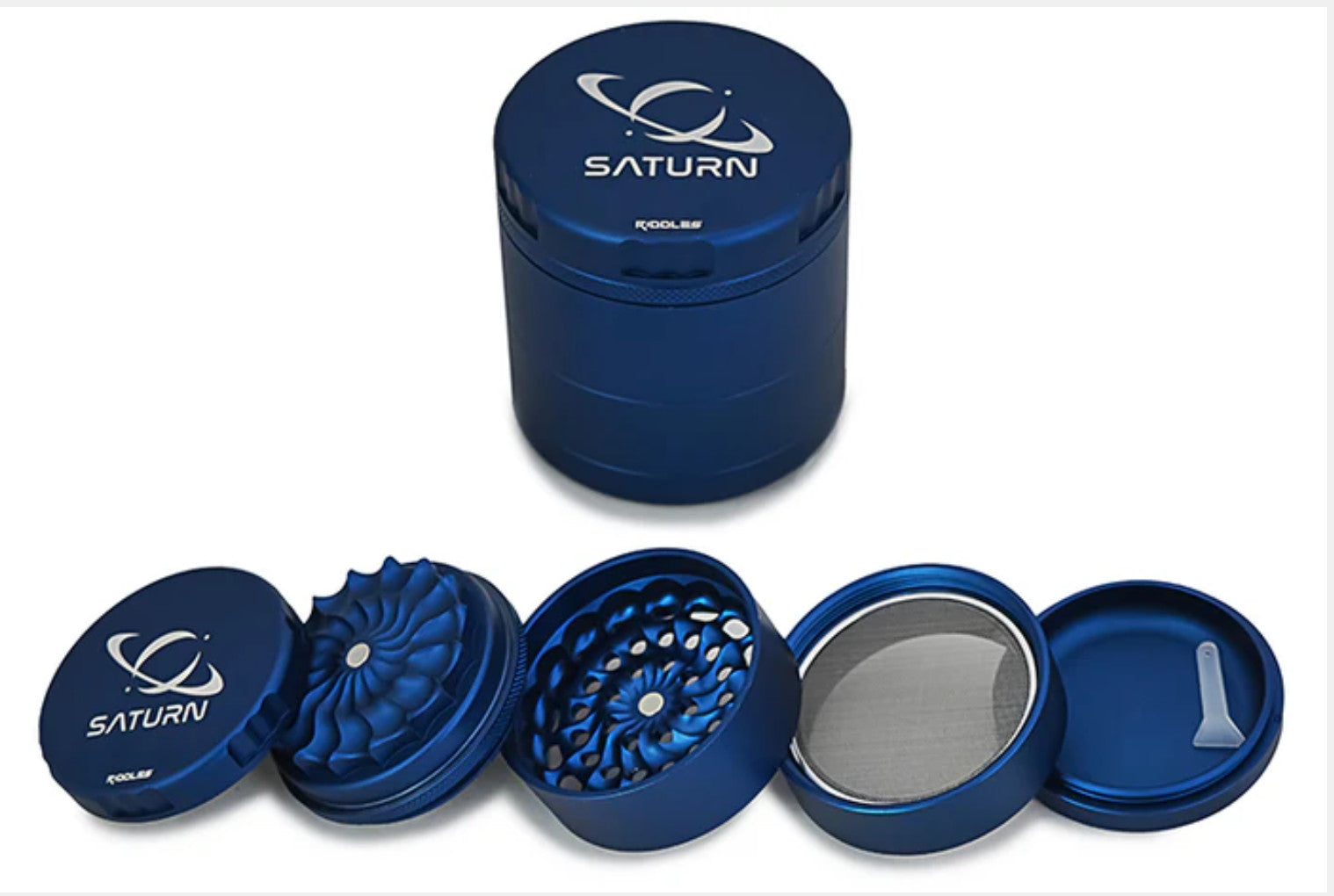 Riddles 63mm Saturn Grinder Mill with five metal grinding pieces, designed for efficient herb grinding and storage.