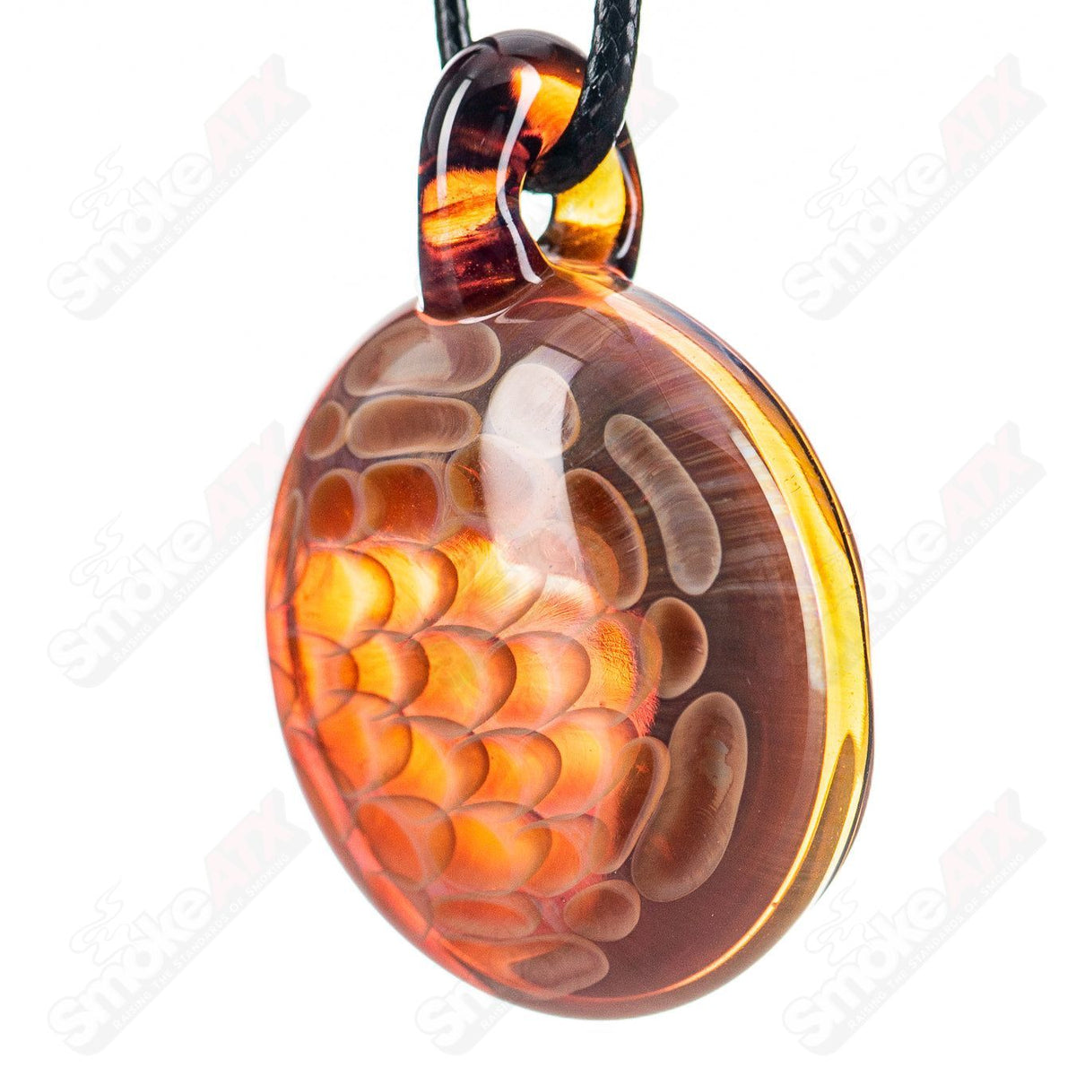 Lokee Amber Purple Honeycomb Glass Pendant necklace with intricate honeycomb design in amber and purple hues.