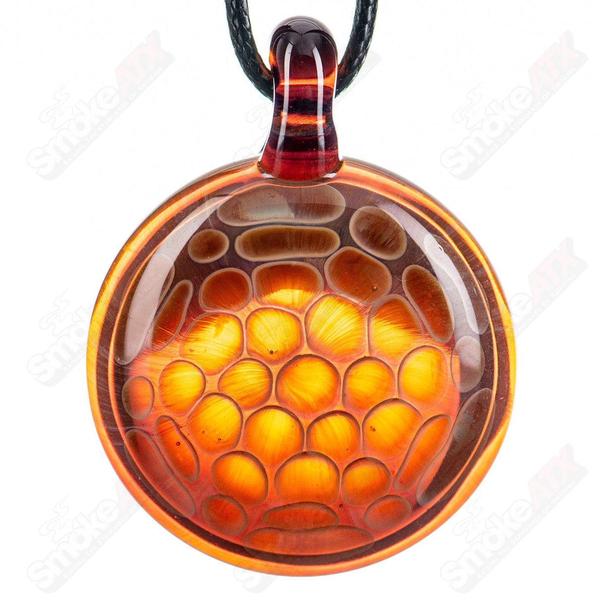 Lokee Amber Purple Honeycomb Glass Pendant featuring a vibrant purple and amber honeycomb design, handmade glass accessory.