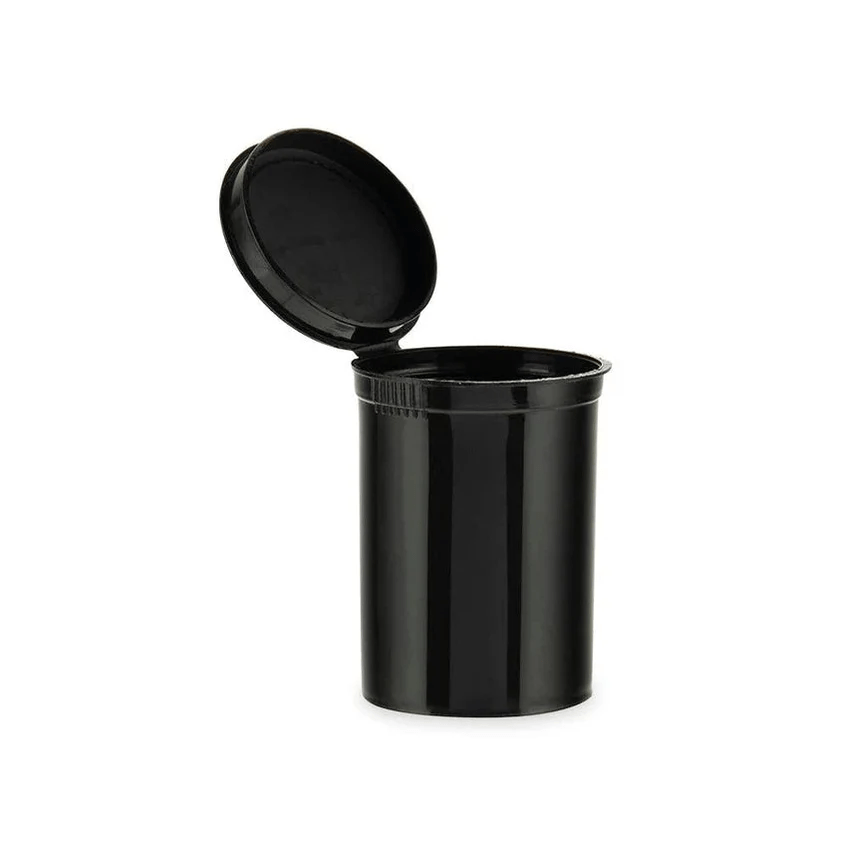 Black plastic Loud Lock Pop Top 30 Dram jar with secure lid, ideal for storing small quantities of liquids or dry goods.