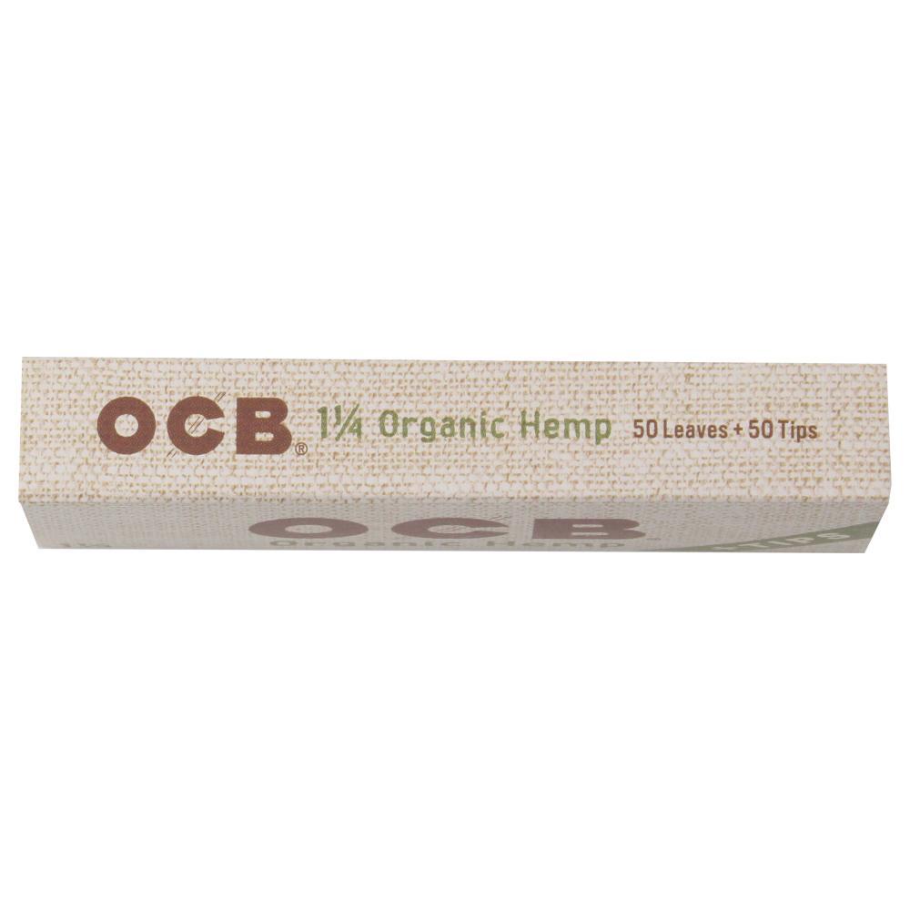 Organic hemp rolling papers and tips by OCB, 1 1/4 size, shown in the image with natural paper texture and rolled paper bundle.