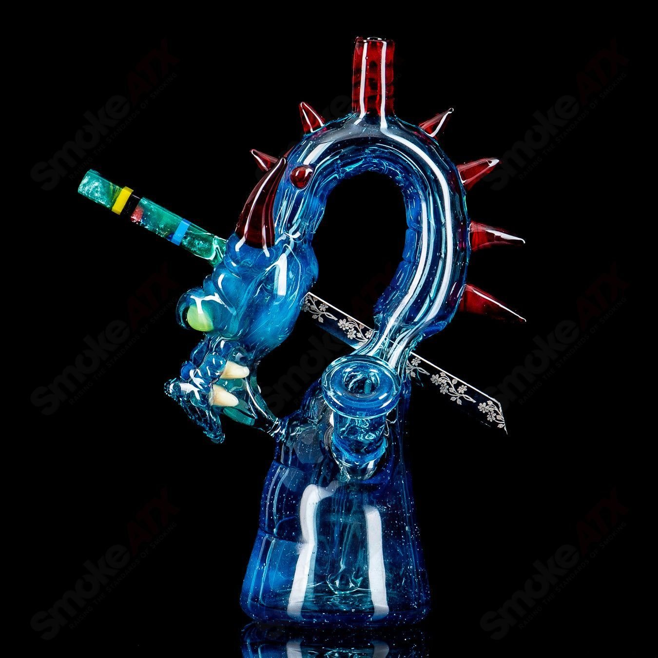 Marina Mini Dragon Rig by Tony Kazy, a colorful heady glass concentrate rig with intricate dragon design and detailed craftsmanship.