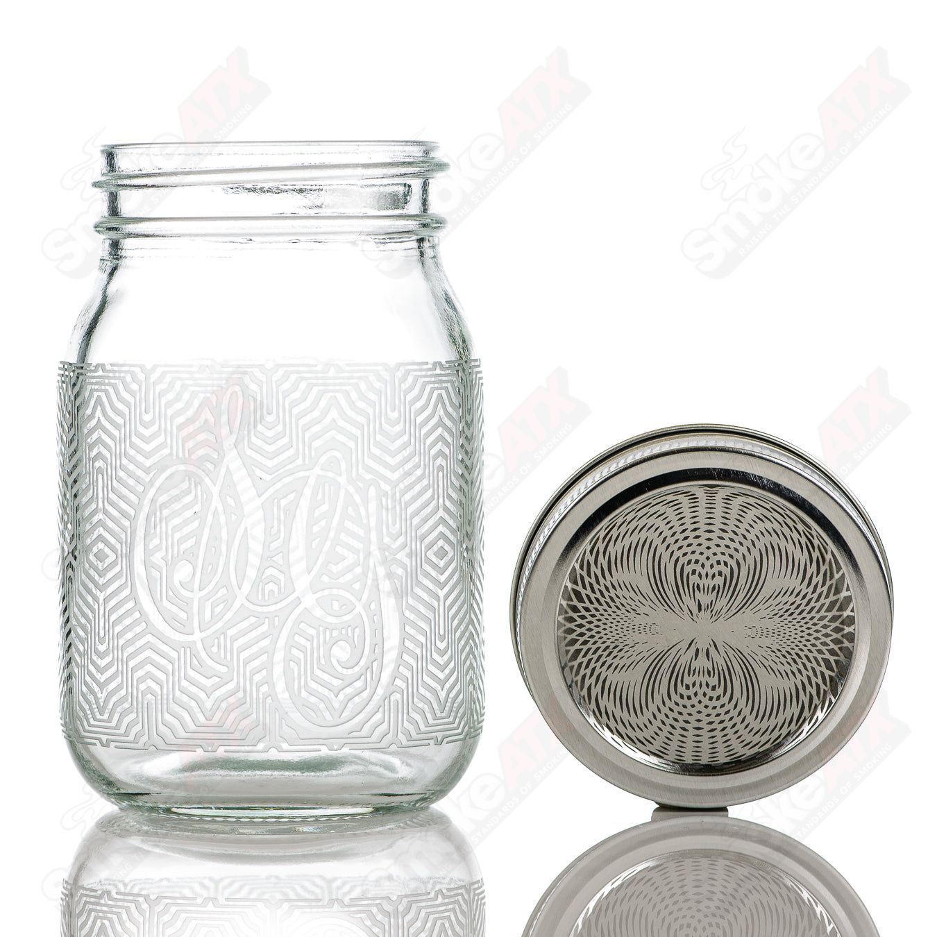 Mech pattern Mason jar by Sovereignty Glass, 420 Products storage jar with intricate mechanical design on clear glass
